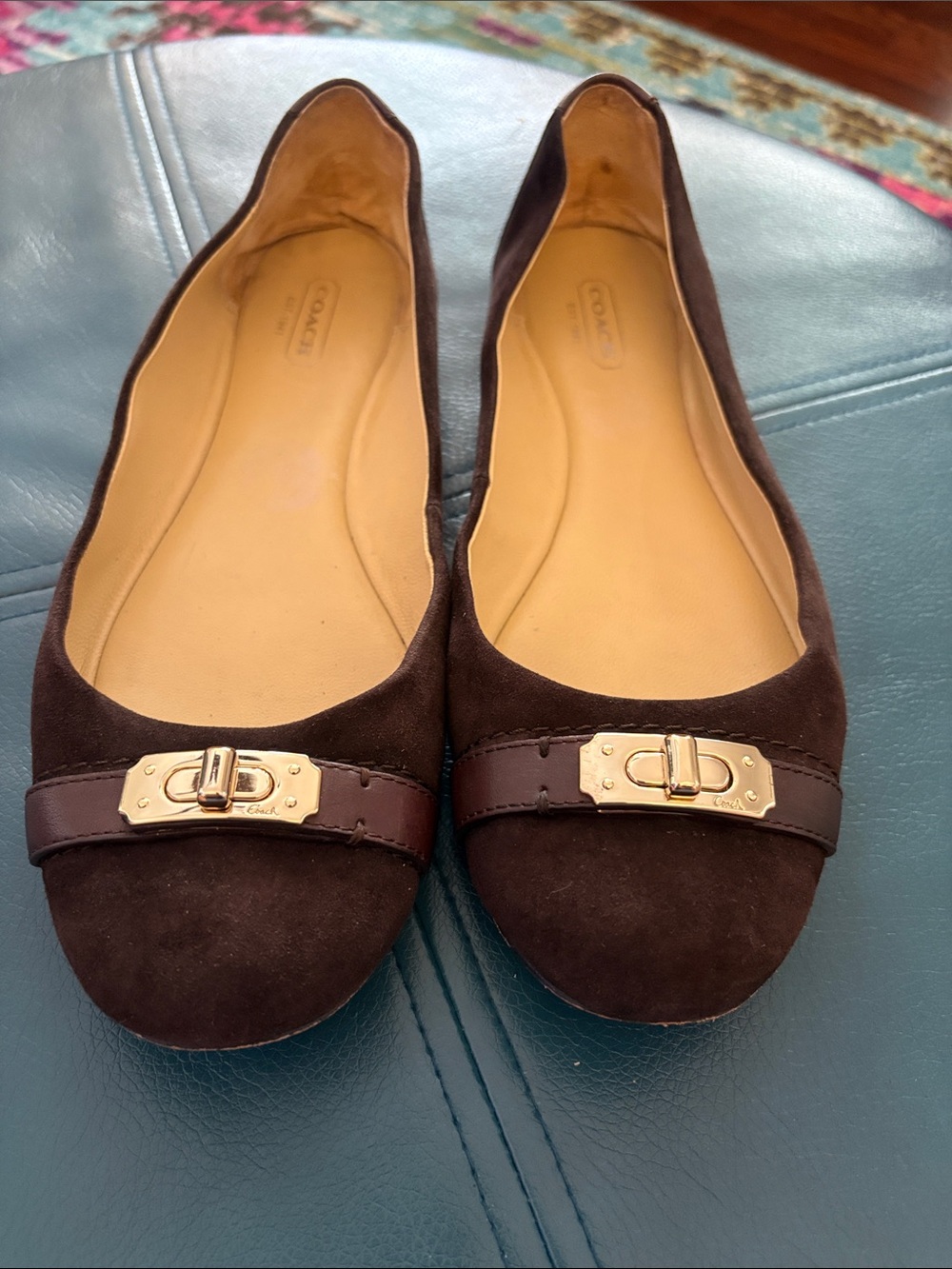 Coach Dark Brown Suede Ballet Flats with Gold-Tone Hardware